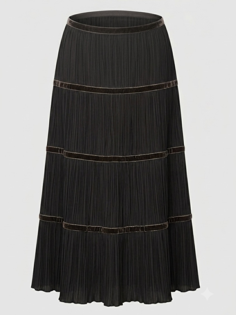 MaxMara Black Pleated Tiered Midi Skirt with Velvet Trim - Size 10